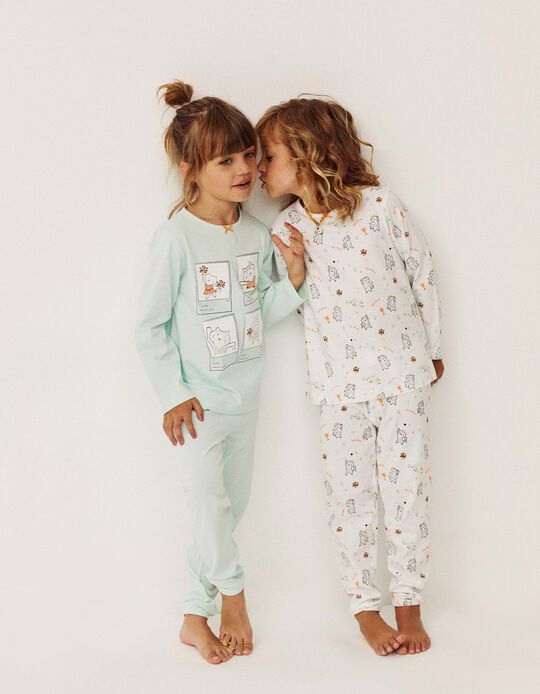 2 Long Sleeve Pyjamas for Girls, 'Sporty Cat', White/Aqua Green
