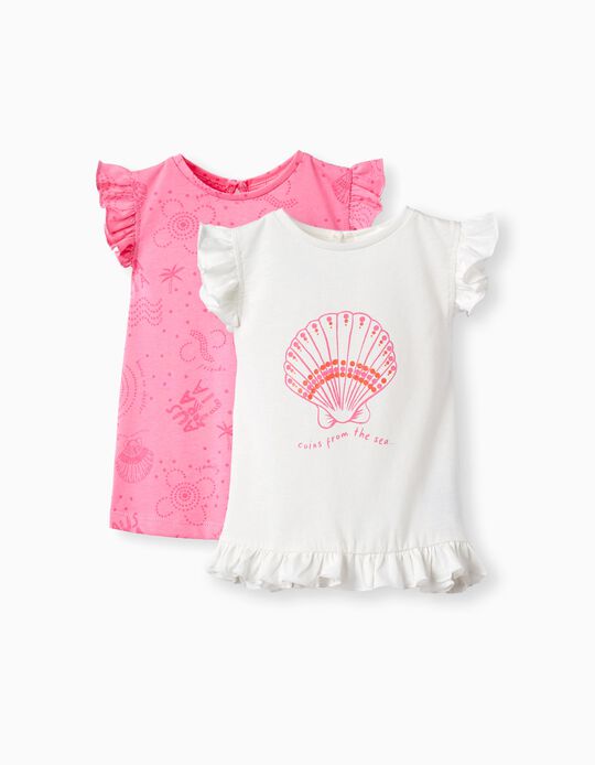 2 T-shirts sans Manches pour Bébé Fille 'Coquillage', Blanc/Rose
