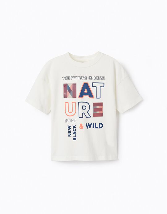 Cotton T-Shirt with Holographic Effect for Boys 'Nature', White
