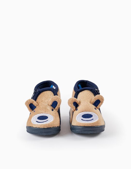 Zapatillas de Casa para Bebé Niño 'Osito', Beige/Azul Oscuro