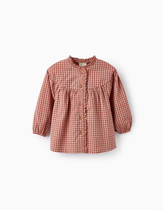 Cotton Vichy Blouse for Baby Girls, Dry Red