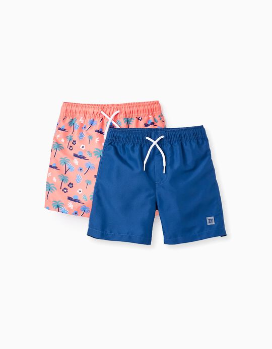 2 Swim Shorts for Boys, Coral/Dark Blue