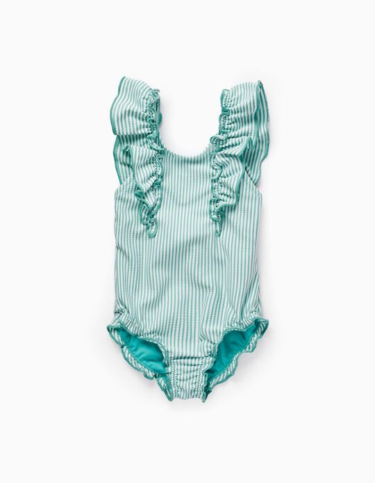 Striped Swimsuit with Ruffles for Baby Girls, Green/White