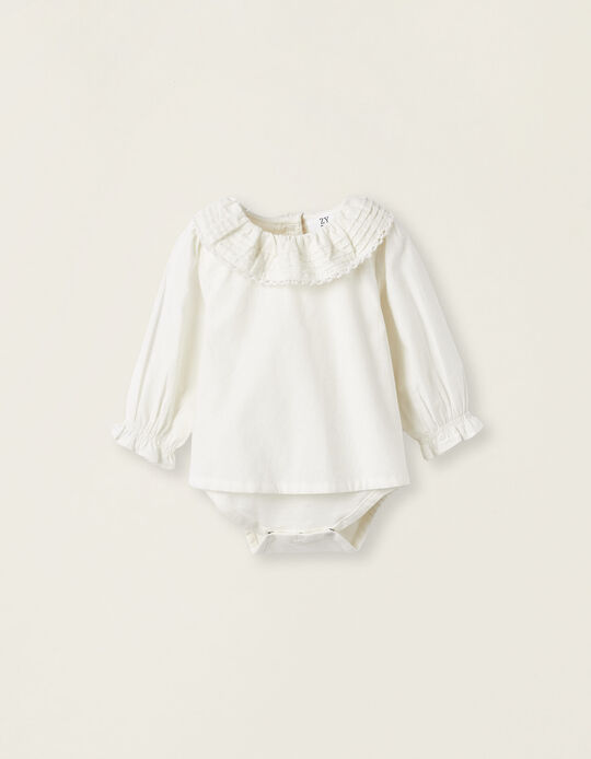 Cotton Bodysuit-Blouse for Newborn Girls, White