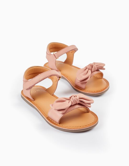 Leather Sandals with Bow for Girls, Light Pink