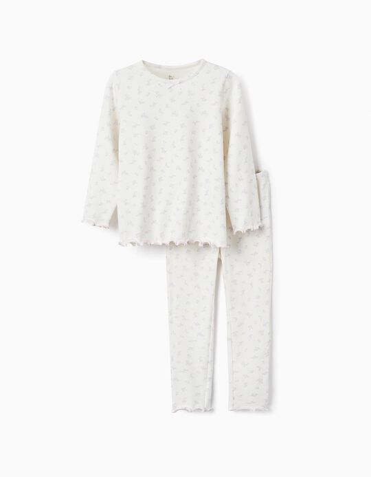 Pijama Canelado com Padrão Floral para Menina, Branco