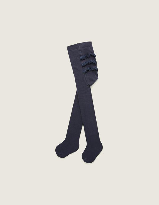 Knit Tights with Frills for Baby Girls, Dark Blue
