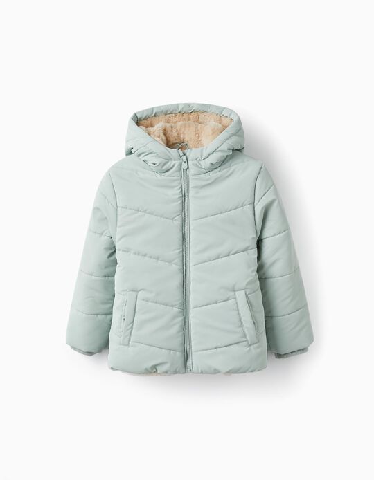 Buy Online Padded Coat with Fur and Hood for Girls, Light Green