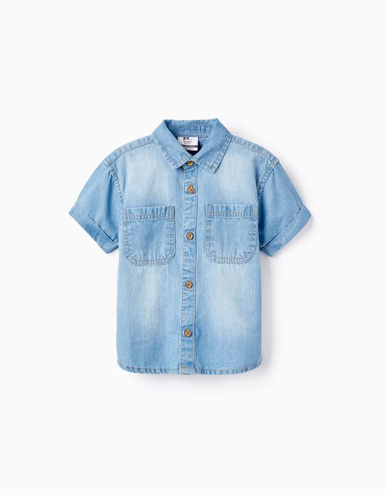 Camisa de Manga Corta en Mezclilla de Algodón para Bebé Niño, Azul