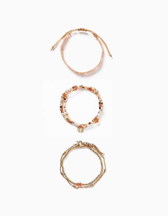 3-Pack Bracelets with Beads and Cord for Girls, Gold/Coral