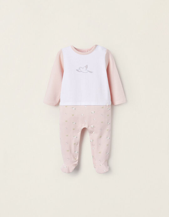 Footed Bodysuit for Newborn Girls 'Swallows & Roses', Pink/White