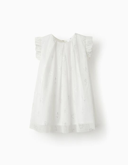 Dress in Tulle and Cotton for Baby Girls 'Special Days - Stars', White