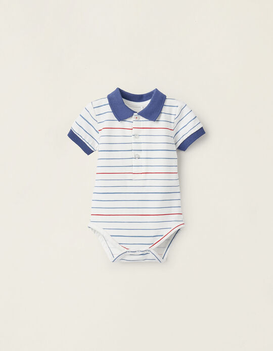 Striped Cotton Polo Bodysuit for Newborn Boys, White/Red/Blue