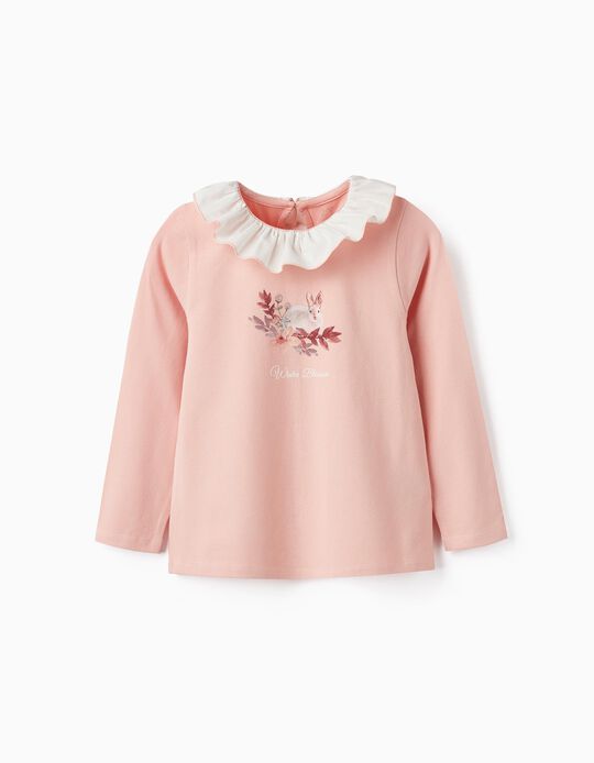 T-Shirt in Cotton Jersey with Ruffle for Girls, Light Pink