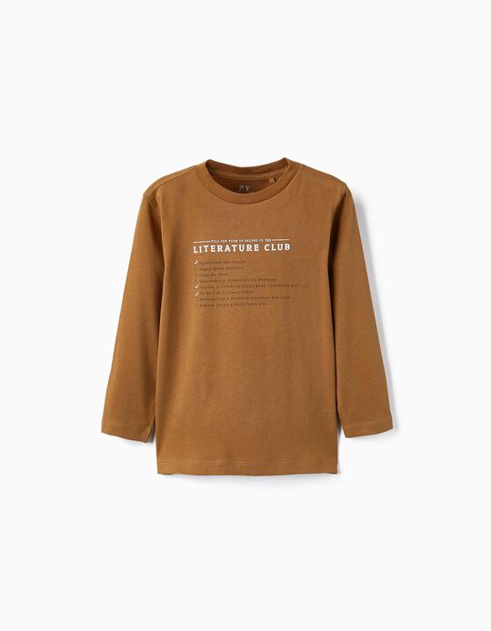 Long Sleeve Cotton T-shirt for Boys 'Literature Club', Camel