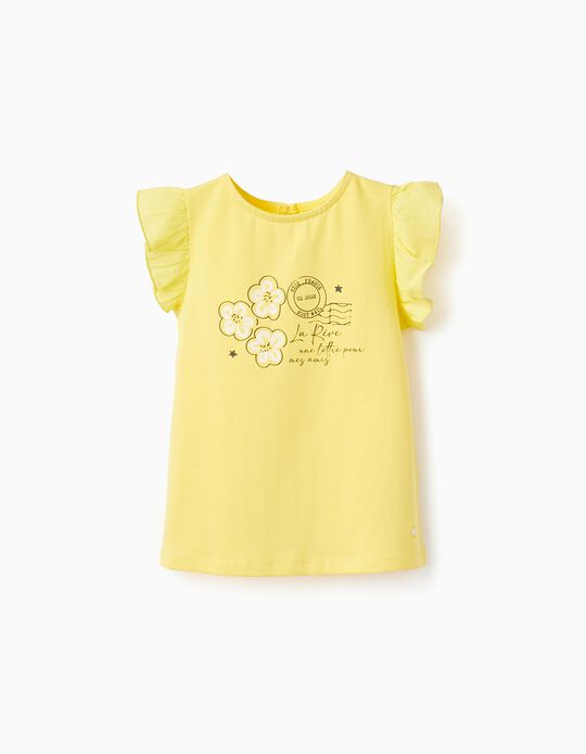 Camiseta de Algodón con Volantes para Niña 'Flores', Amarillo