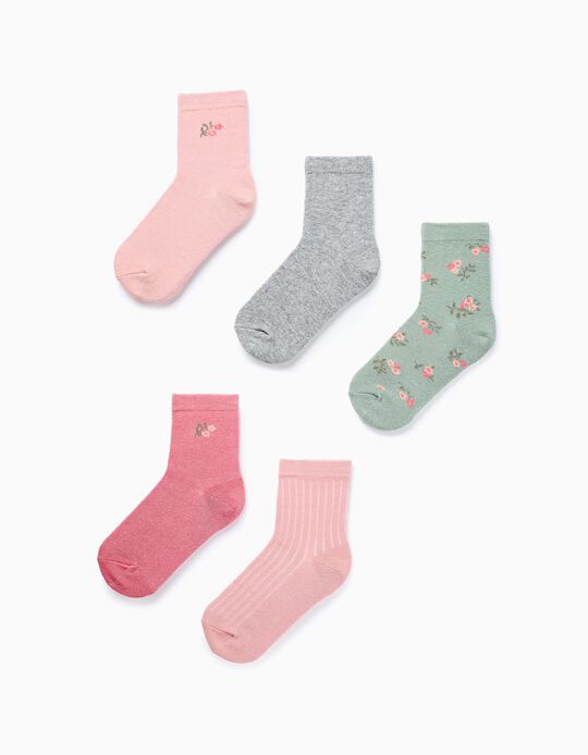 Comprar Online Pack 5 Pares de Calcetines Lisos y a Flores para Niña, Rosa/Verde/Gris