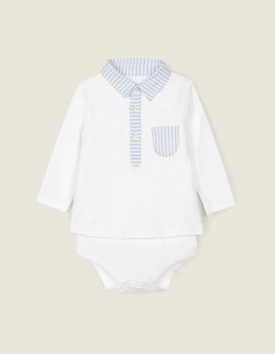 Polo Shirt Bodysuit with Pocket for Newborn Baby Boys, White/Blue