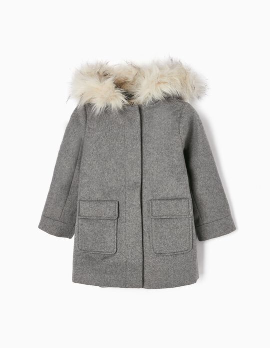 Wool Hooded Overcoat for Girls, Grey