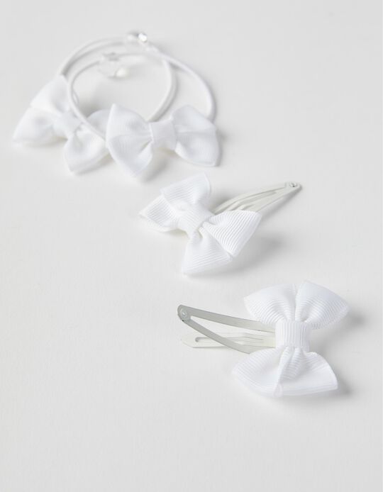 2 Hairpins + 2 Bobbles with Bow for Babies and Girls, White