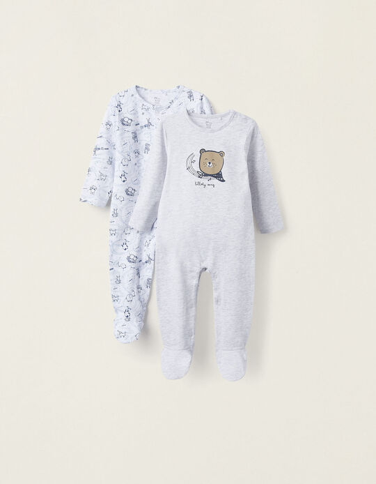 Pack of 2 Cotton Babygrows for Baby Boys 'Musical Animals', Gray/White