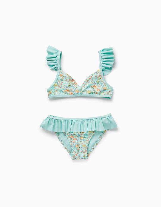 UPF80 Floral Bikini for Girls, Aqua Green