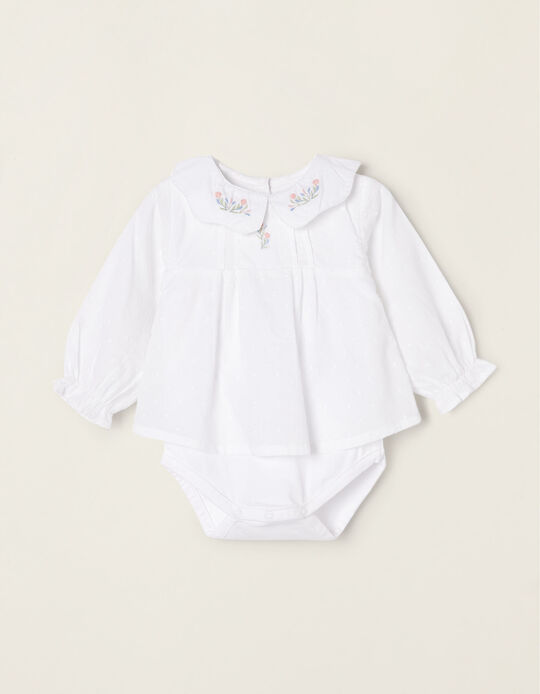 Cotton Blouse-Bodysuit with Embroidery for Newborn Baby Girls, White