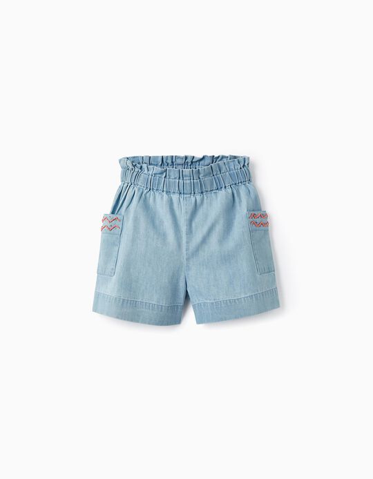 Paperbag Cotton Denim Shorts with Beads for Girls, Light Blue