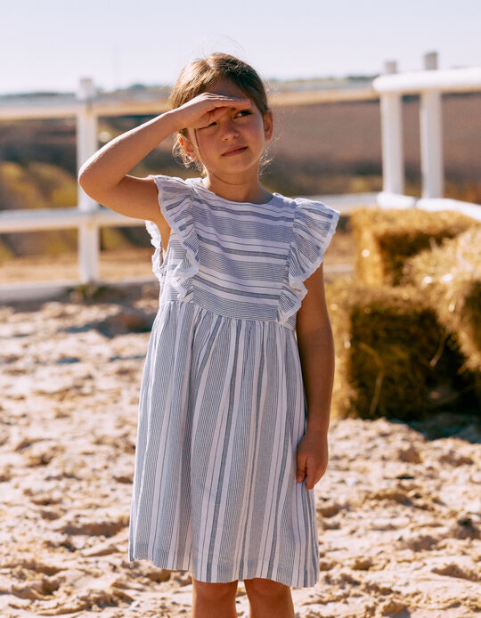 Striped Dress with English Embroidery for Girls 'B&S', White/Dark Blue