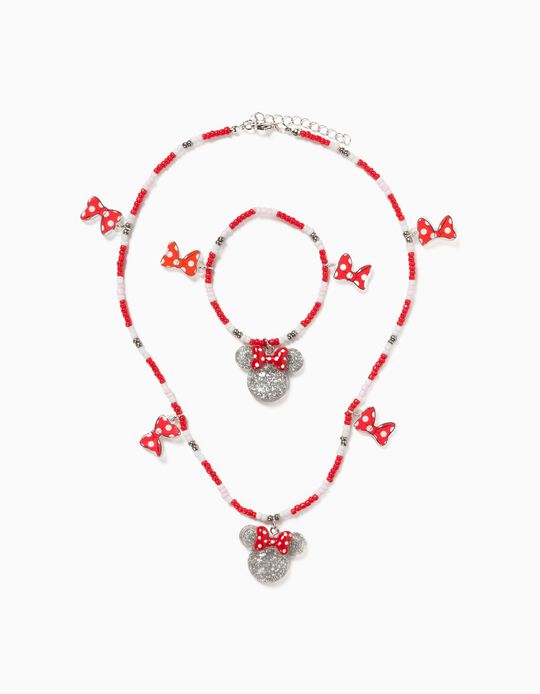 Necklace and Bracelet for Girls, 'Minnie Mouse', Red/White/Silvery