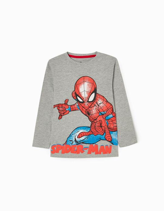 T-shirt de Manga Comprida em Algodão para Menino 'Spiderman', Cinza