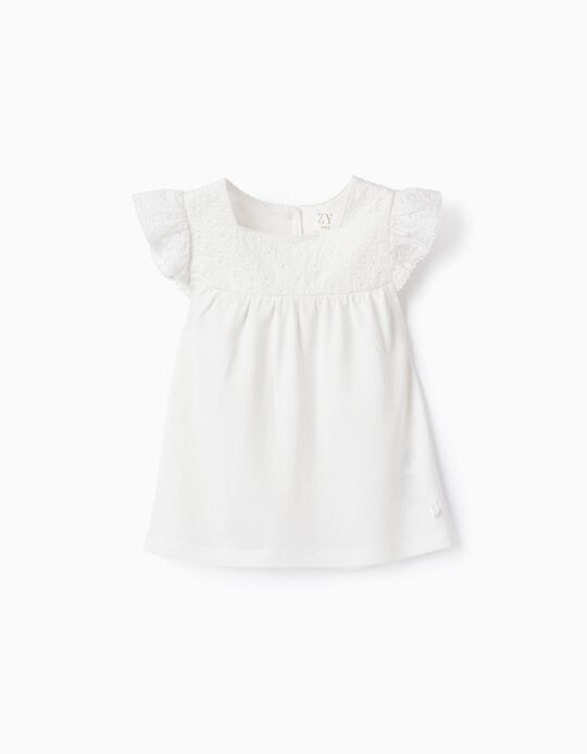 Cotton T-shirt with Embroidery for Baby Girls, White