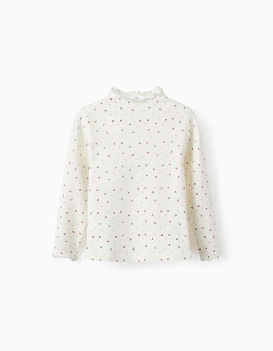 Ribbed Long Sleeve T-Shirt for Girls 'Floral', White