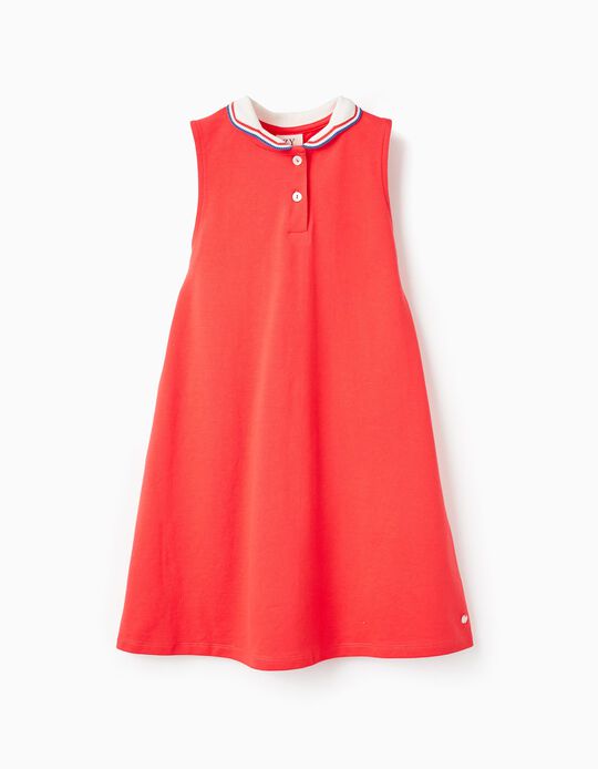 Polo Dress in Cotton Piqué Knit for Girls, Red