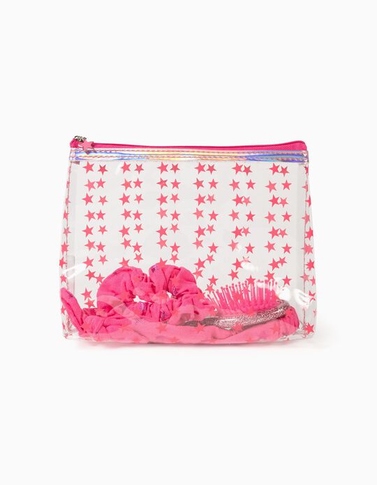 Toiletry Bag with Hair Accessories for Girl 'Stars', Transparent/Pink