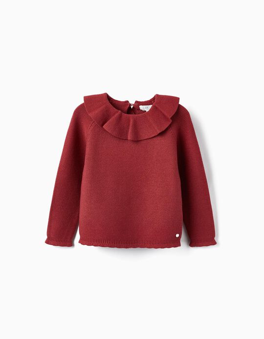 Knitted Jumper with Ruffle for Girls, Dark Red