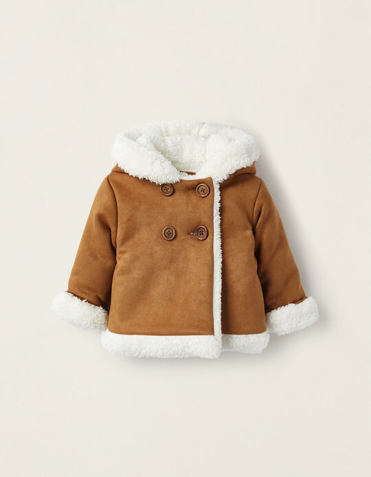 Hooded Jacket with Fur for Newborns, Brown/White