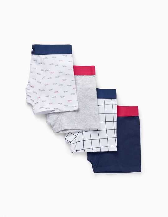 Pack of 4 Cotton Boxers for Boys 'Car', Dark Blue/White/Gray