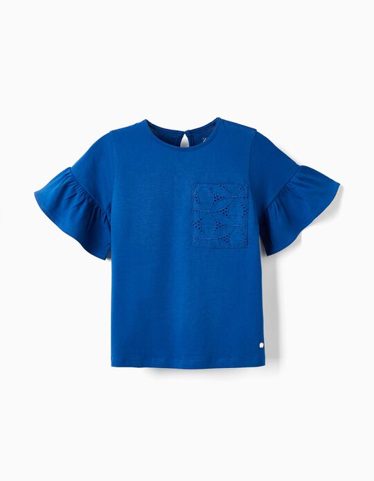 Camiseta de Manga Corta con Bolsillo con Bordado para Niña, Azul