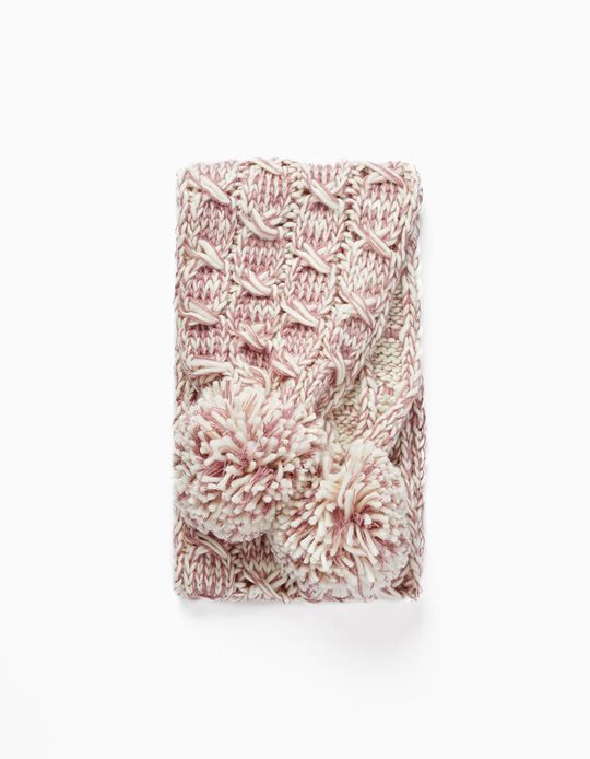 Knitted Scarf with Pompom for Girl, Pink/White