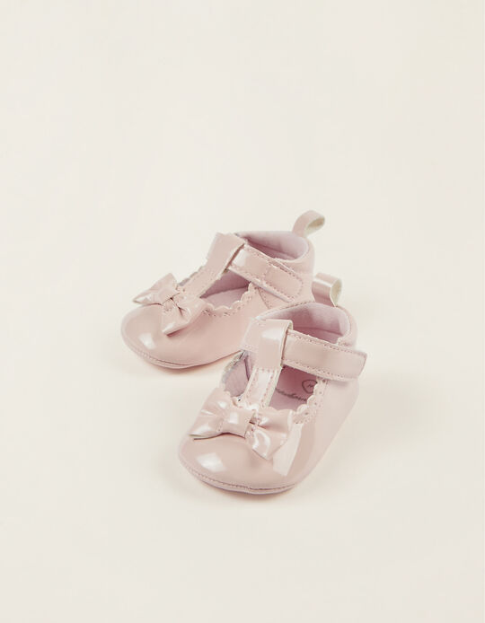 Patent Ballet Pumps with Bow for Newborn Baby Girls, Pink