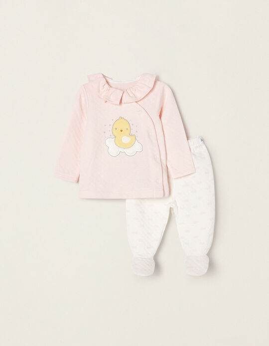 Cotton Pyjamas with Texture for Newborn Baby Girls 'Chick', Pink/White