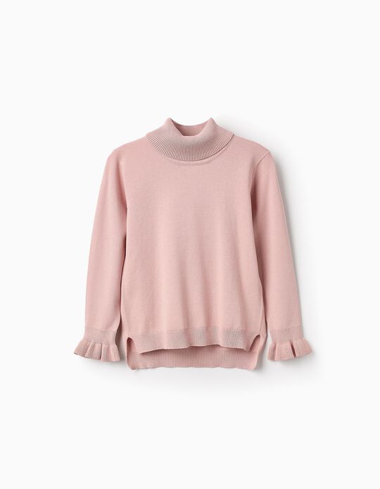 Buy Online High-neck Jumper with Wavy Cuffs for Girls, Pink