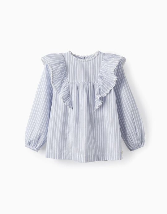 Comprar Online Camisa de Algodão com Folhos para Menina, Branco/Azul