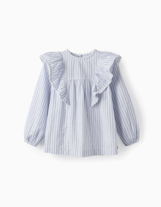 Buy Online Cotton Shirt with Ruffles for Girls, White/Blue