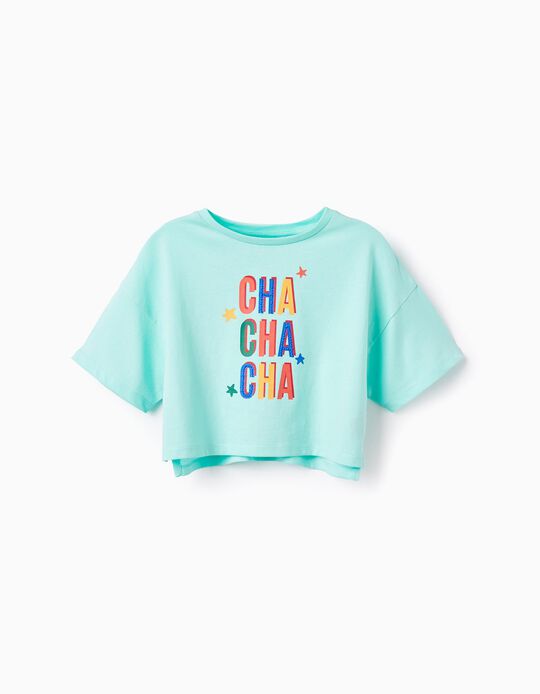 T-shirt Curta De Algodão para Menina 'Cha Cha Cha', Verde-Água