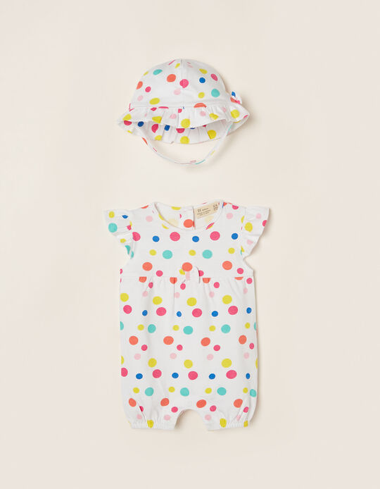 Polka-dot Jumpsuit + Hat in Cotton for Newborn Baby Girls, White