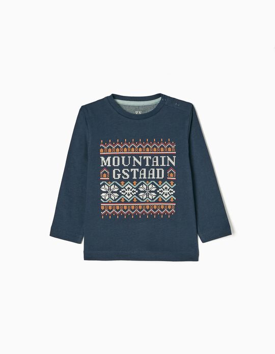 Long-Sleeve Cotton T-shirt for Baby Boys 'Ski', Dark Blue