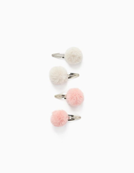 4 Hair Clips with Pompoms for Babies and Girls, White/Pink