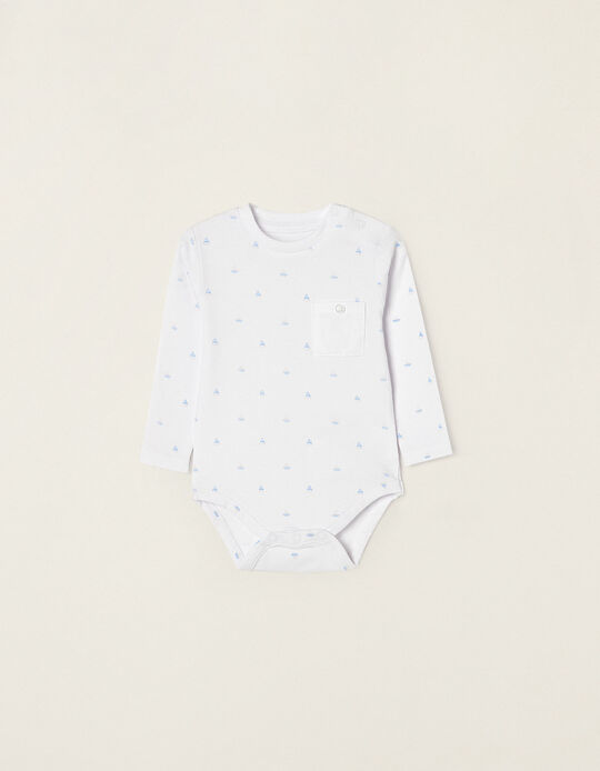Cotton Bodysuit for Newborn Baby Boys 'Boats', White